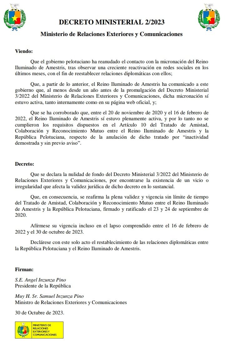 Anunciamos que, tras reanudar el contacto mutuo, se han restablecido las relaciones diplomáticas con <a href="/RIAmestris/">Reino Iluminado de Amestris</a>, poniéndose en plena vigencia el Tratado de Amistad, Colaboración y Reconocimiento Mutuo de 2020. ¡Que nuestra amistad refortalecida perdure en el tiempo! 🤝