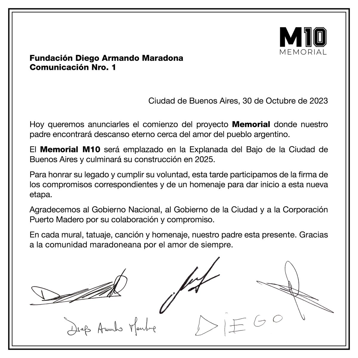 m10memorial's tweet photo. Comunicado Nro. 1  de la Fundación Diego Armando Maradona: nace el Memorial M10.

#m10memorial #m10 #diego #diegomaradona #diegoeterno #parasiemprediego https://t.co/ZxtVPSHcaW