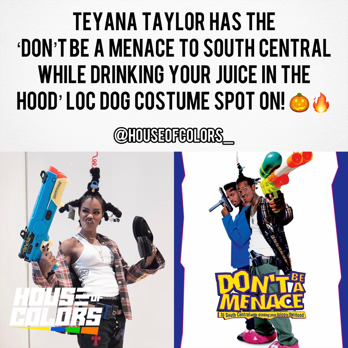 HouseofColors_'s tweet photo. Teyana Taylor slayed her Loc Dog costume for Halloween. ππ₯ #HouseofColors #TeyanaTaylor #LocDog #ImanShumpert #DontBeAMenaceWhileDrinkingYourJuiceInTheHood #Halloween
@TEYANATAYLOR @MarlonWayans https://t.co/t5w1yOrXR9