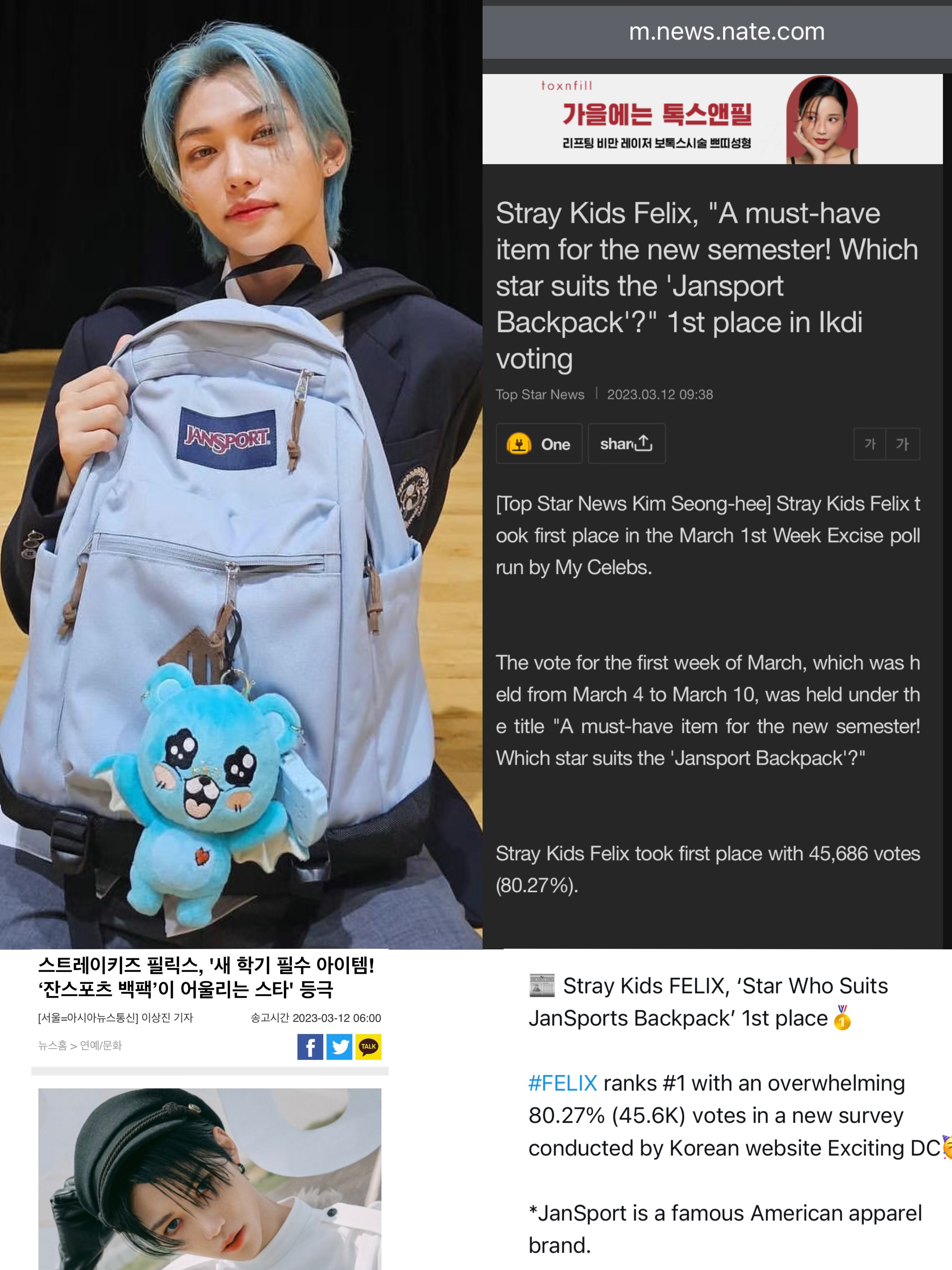 FELIX CHARTS on X Random TMI but the backpack FELIX has in HEARTRIS M V is from Jansport he ranked 1 in a Korean survey on Which star best suits Jansport
