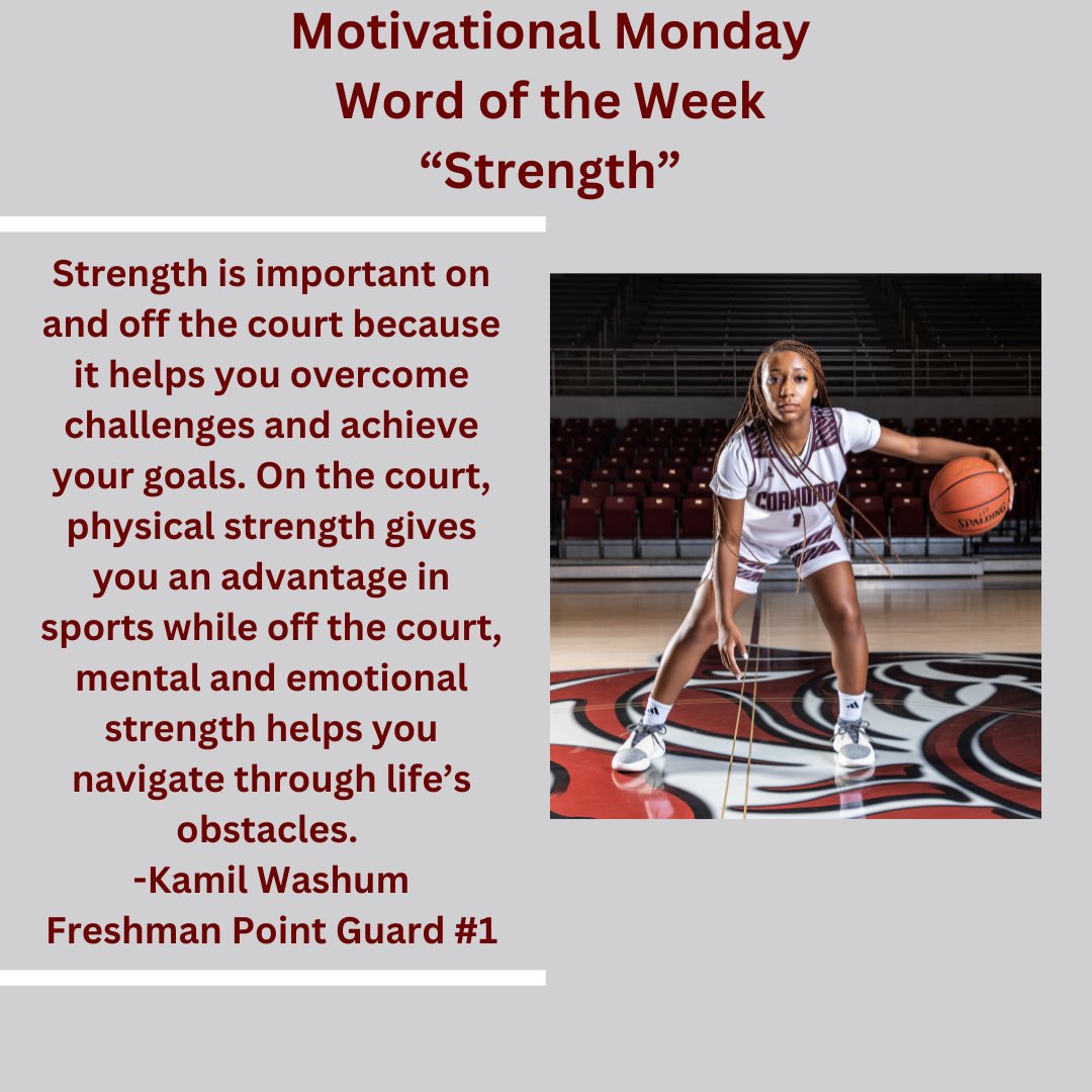 CCC Women’s Bball (@cccladyhoops) on Twitter photo Motivational Monday Word of the Week is Strength! Here’s what point guard <a href="/thereal_kamil/">kamil washum</a> had to say about the importance of it and it’s impact on and off the court 🤎🤍🫶🏾💪🏾🐅🏀 Motivational Monday Word of the Week is Strength! Here’s what point guard <a href="/thereal_kamil/">kamil washum</a> had to say about the importance of it and it’s impact on and off the court 🤎🤍🫶🏾💪🏾🐅🏀