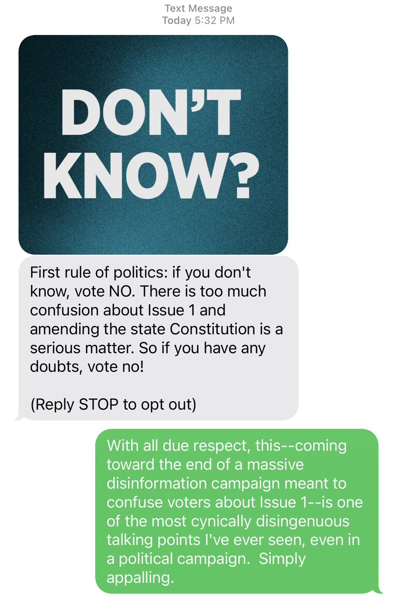 Late this afternoon, in the midst of a busy Monday of work, I received this text message opposing Ohio Issue 1 (posted here with my response included). And I am angry. (Thread) #ResistanceUnited #DemVoice1