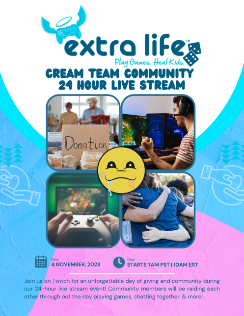 TheCreamies's tweet photo. This Saturday, November 4th, Join our Streamy Creamies community for the #ExtraLife GAME DAY 24-Hour Livestream for Charity, benefiting the Children's Miracle Network Hospitals.

The schedule is to be finalized during the week, we will let you know on all our socials! https://t.co/fyBOR3QeiZ