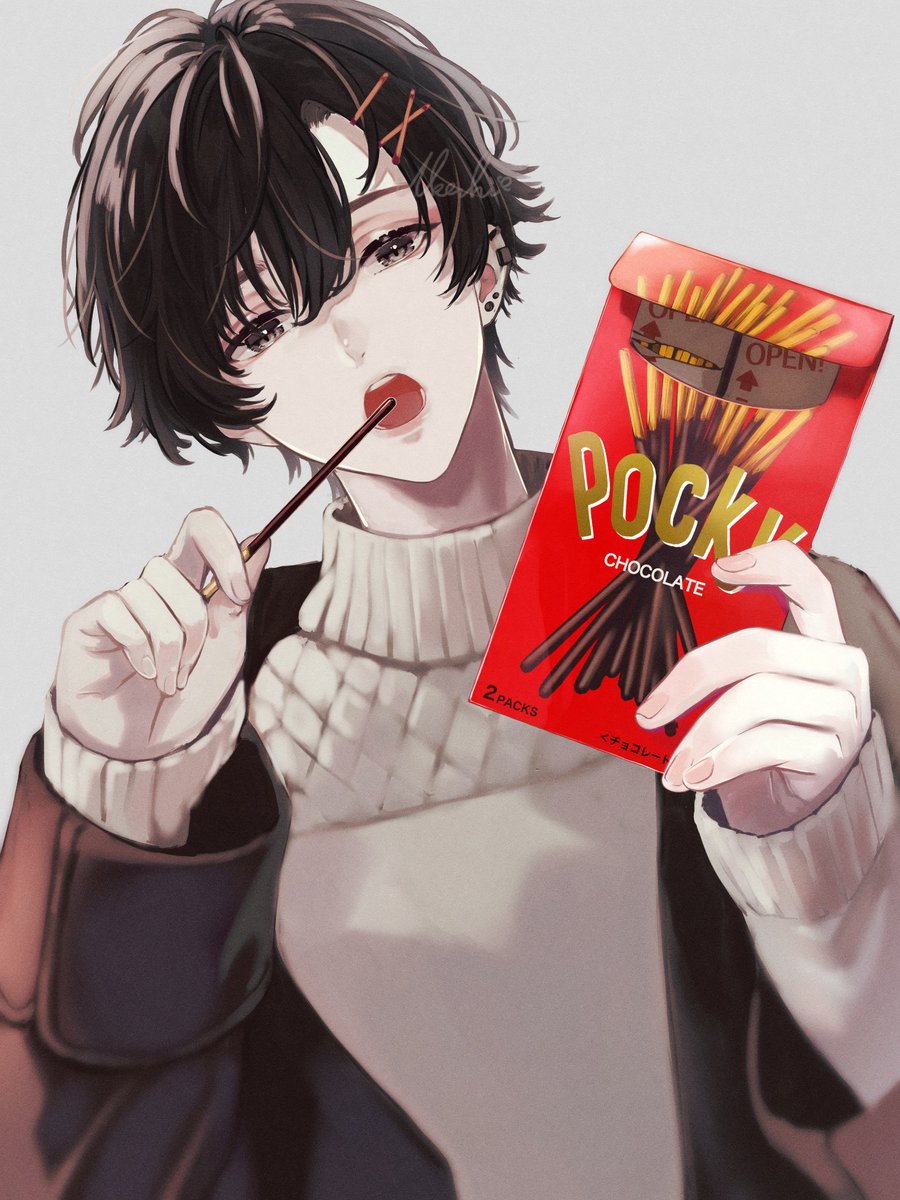 food pocky solo holding hair ornament sweater looking at viewer  illustration images