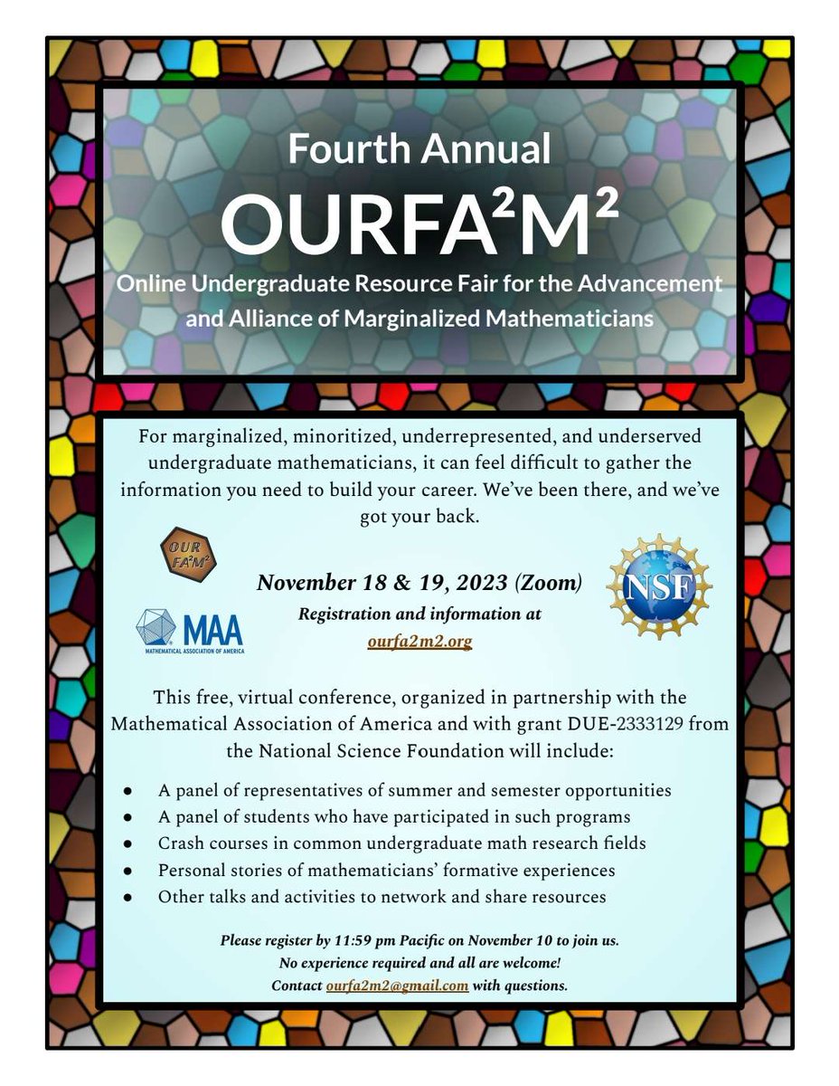 We're thrilled to be hosting the fourth annual <a href="/ourfa2m2/">OURFA2M2</a> this November in partnership with <a href="/maanow/">MAA</a> and funded by <a href="/NSF/">U.S. National Science Foundation</a> Grant DUE-2333129