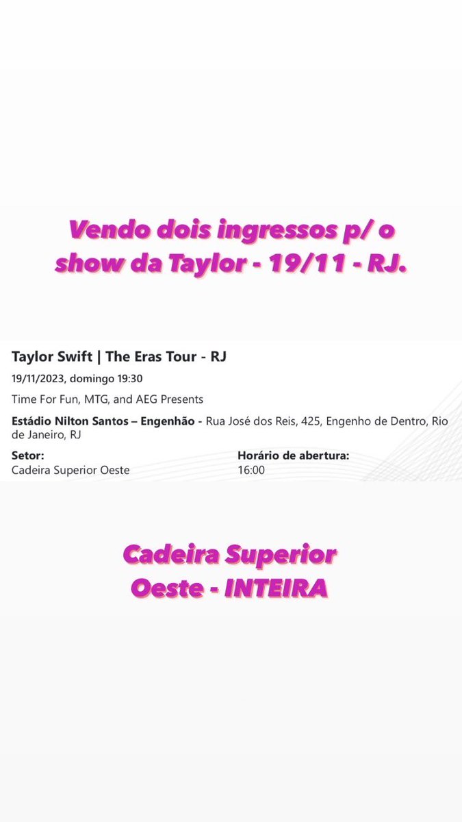 🚨 VENDO 2 INGRESSOS SHOW TAYLOR SWIFT - 19/11 - RJ 🚨

#Taylor #TaylorSwift #TaylorSwiftErasTour #TaylorSwiftTheErasTour #taylorswiftconcert 
#taylorswifttickets