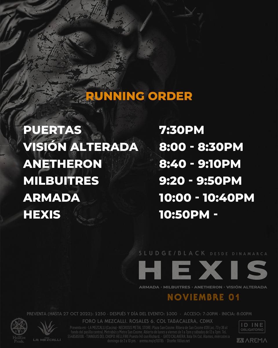 BBeat105's tweet photo. Recuerden que el primero de noviembre, #HellfireProductions, trae a #LaMezcalli a #Hexis, #Armada, #Milbuitres, #Anetheron y #VisiónAlterada.
Acá les dejamos los horarios
Allí nos vemos
#StayBlast
#BlastBeat105 https://t.co/ngta6r6Hoo