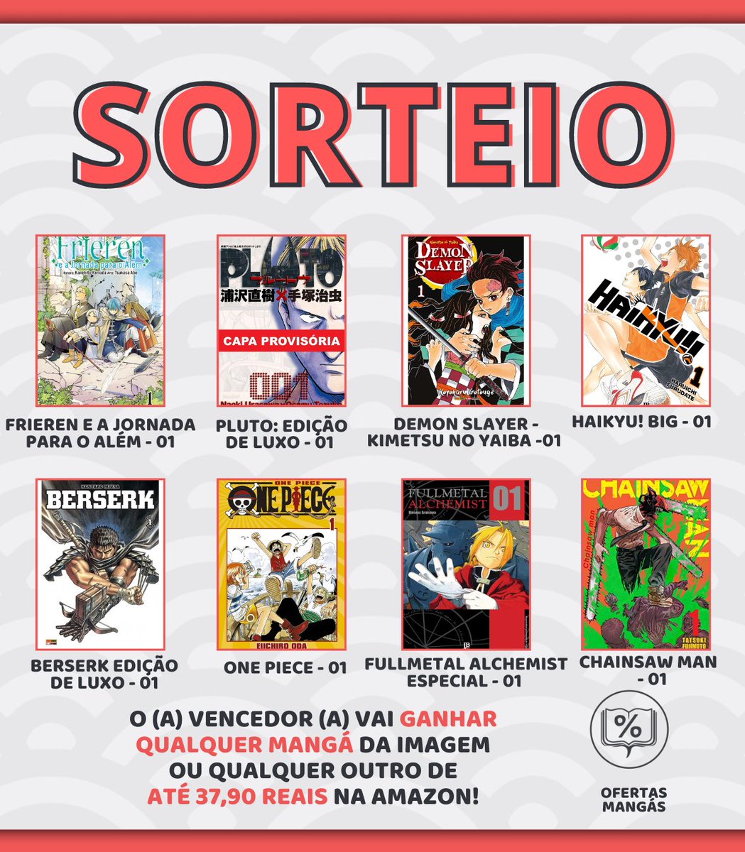 🚨 SORTEIO⚡️

📚💫 O (a) vencedor (a) vai ganhar qualquer Mangá da imagem ou qualquer outro de até 37,90 reais na Amazon!

Regras:
🔴 Seguir <a href="/OfertasMangas/">Ofertas Mangás 📕</a>
🔴 RT nesse TWEET
🔴 Comentar qual Mangá vai querer se ganhar

📅 Resultado: 14/11

🍀 Boa sorte 🤙