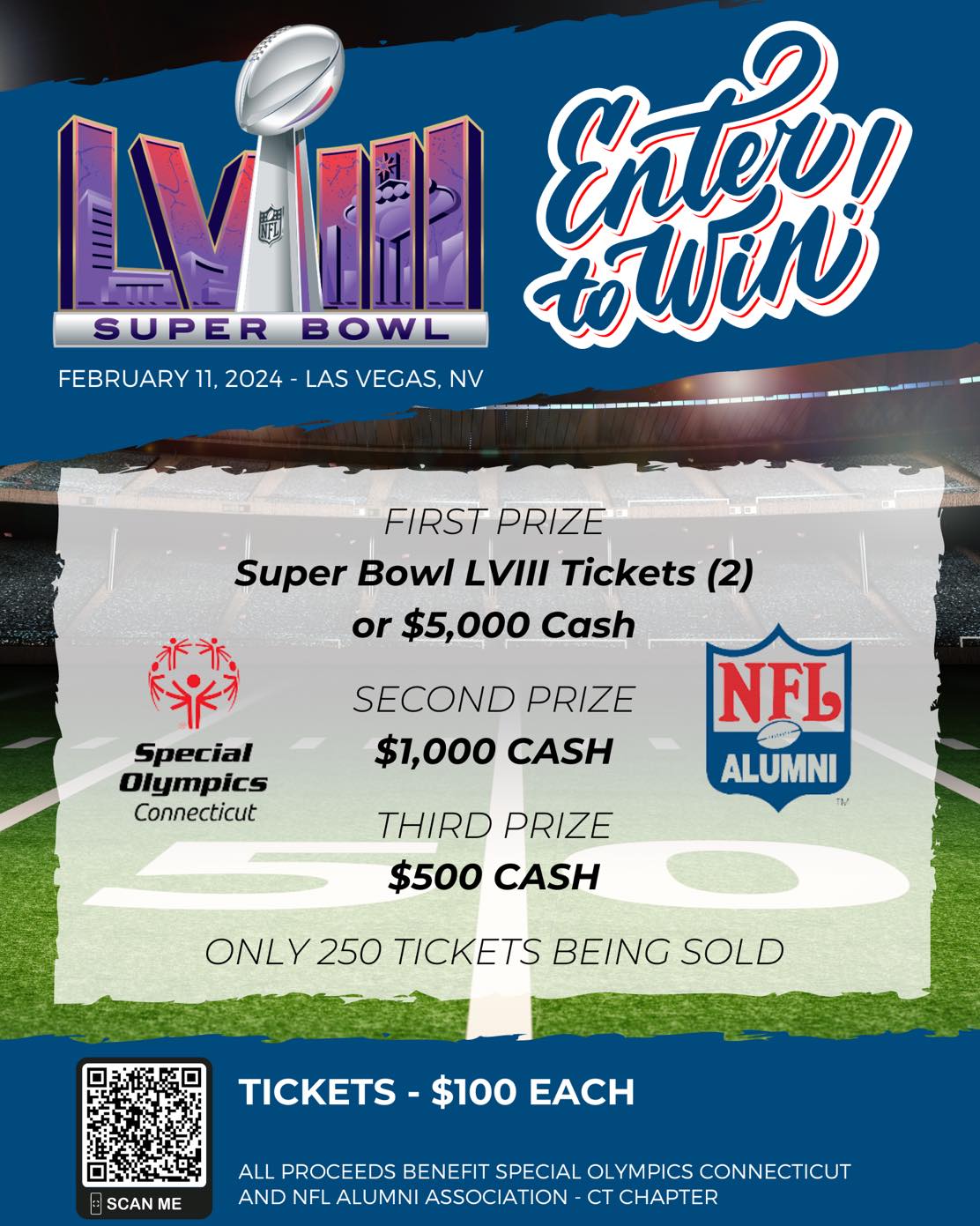 Enter for a chance to win two (2) tickets to Super Bowl LVII courtesy of  the NFL Alumni Association CT Chapter. 100% of the proceeds raised benefit  Special Olympics Connecticut! A limited