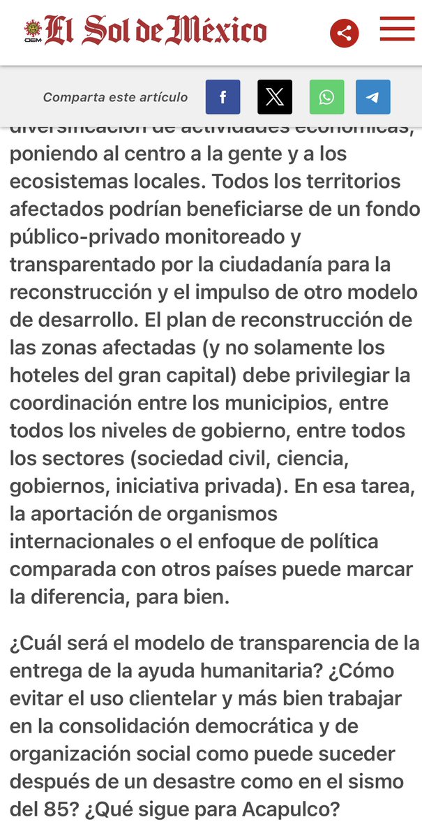 La reconstrucción de #Acapulco debe ser motivo de unión nacional entre todos los sectores con transparencia, rendición de cuentas y planeación resiliente. Llegarán más fenómenos extremos. Tenemos que aprender, prepararnos y replantear nuestro desarrollo en colectivo.