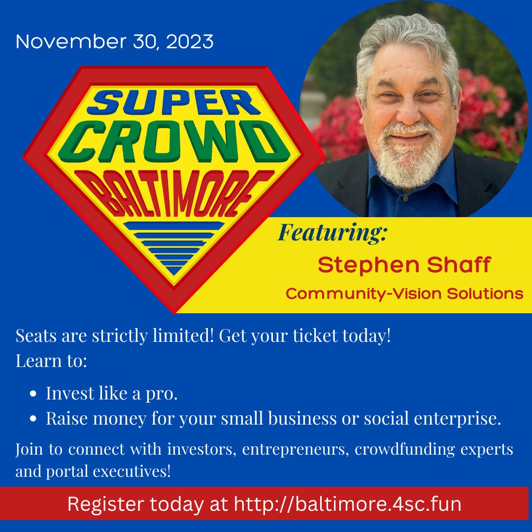 We're excited to announce that Stephen Shaff, Founder of Community-Vision Solutions will speak at #SuperCrowdBaltimore.

Get ready for a game-changing event at #SuperCrowdBaltimore! Don't miss out on this chance to learn and network.

Register here: baltimore.4sc.fun