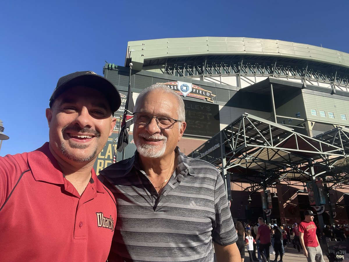 CallDT's tweet photo. Here at our FIRST-EVER World Series to see my team, flying across the country to see my Arizona Diamondbacks with my Dad! I know you’re watching Pop Miller… &amp; you’re here with us. I feel it! 🐍🐍❤️🖤

#DBacks #SnakeBitten #Diamondbacks #Diamondbacks #Arizona #MLB #WorldSeries https://t.co/EpQvBTCQ3T