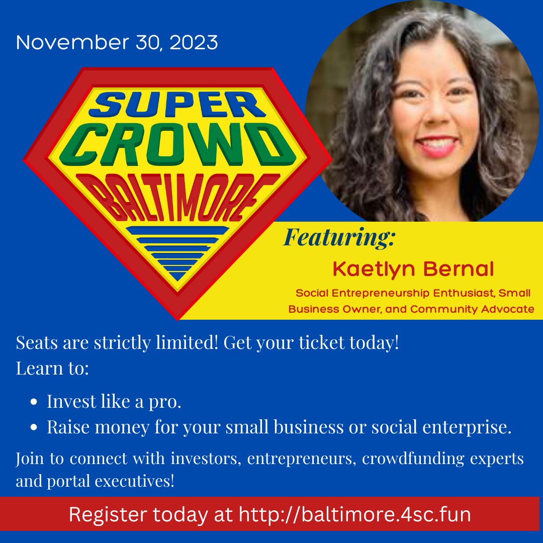 We're excited to announce that Kaetlyn Bernal, Social Entrepreneurship Enthusiast will speak at #SuperCrowdBaltimore.

At #SuperCrowdBaltimore, you'll gain valuable insights into angel investing, small business funding, and more.

Register here: baltimore.4sc.fun