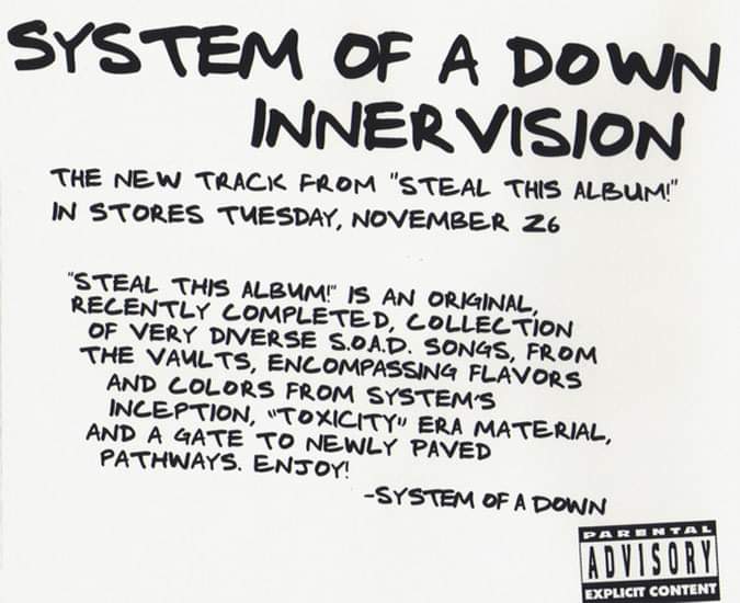 MKissfan's tweet image. October 30, 2002: System Of A Down released &quot;Innervision&quot;, a promotional single from their third studio album Steal This Album!.
#SystemOfADown #Innervision #StealThisAlbum!