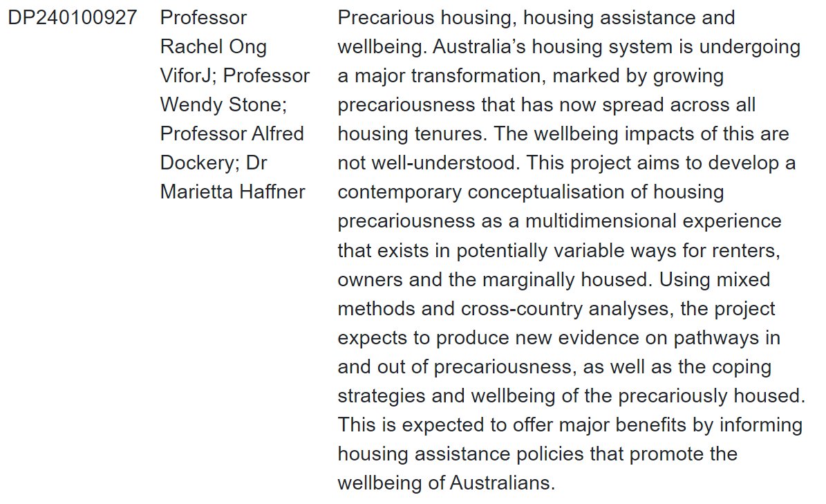 🏠Delighted our #DP24 Precarious Housing, Housing Assistance & Wellbeing @arc_gov_au study is funded! With stellar team Rachel Ong ViforJ, Mike Dockery, Marietta Haffner @BankwestCurtin @Swinburne @SwinHASS @tudelft #housing