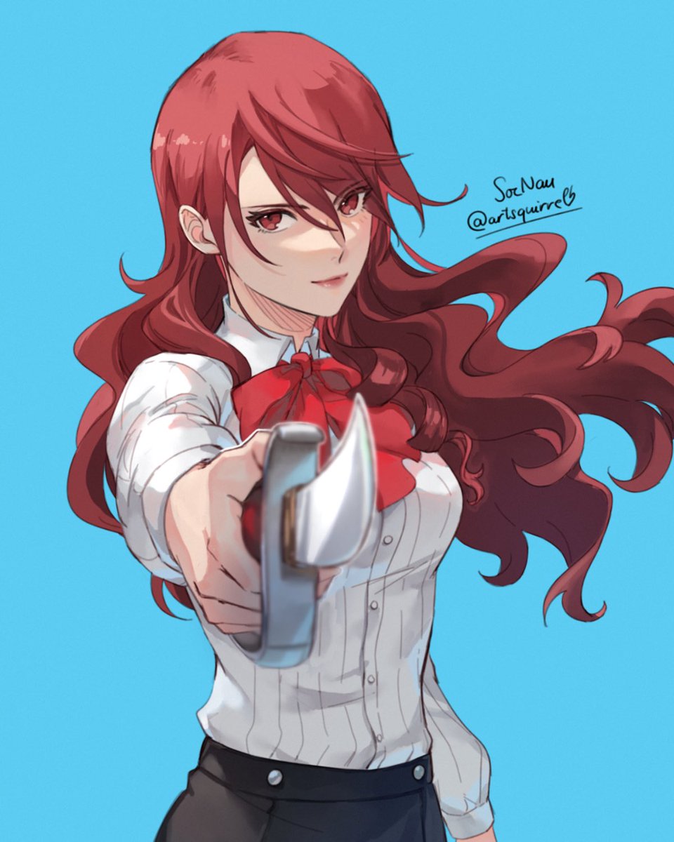 kirijou mitsuru 1girl solo weapon long hair red hair blue background red eyes  illustration images