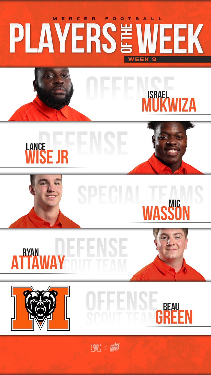 Congrats to our Week 9️⃣ Players of the Week! 

<a href="/IsraelMukwiza/">Israel “MOOK” Mukwiza</a> 
<a href="/lancelwise/">Lance Wise</a> 
<a href="/WassonMic/">Mic Wasson</a> 
<a href="/thattaway36/">Ryan Attaway</a> 
<a href="/Green2Beau/">Beau Green</a> 

#RaiseTheBar | #RoarTogether
