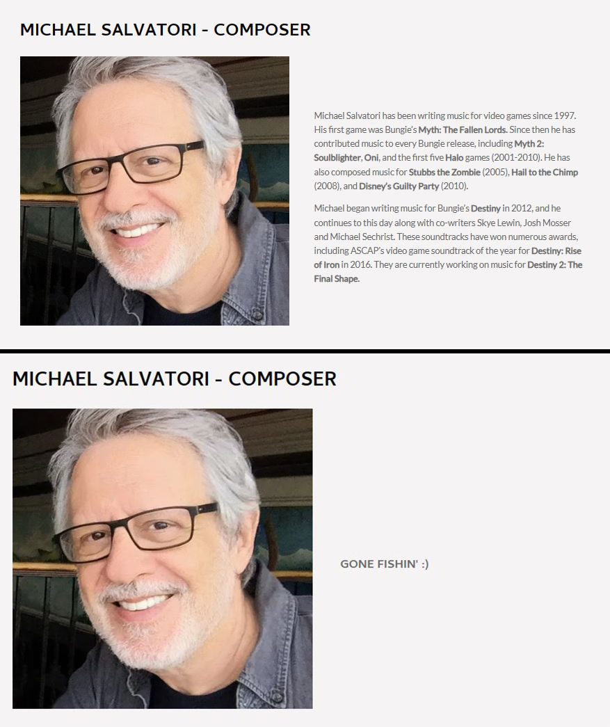 🚨BREAKING: Michael Salvatori's website no longer includes any descriptions of his work at Bungie. Now says: "GONE FISHIN' :)" 

michaelsalvatori.com