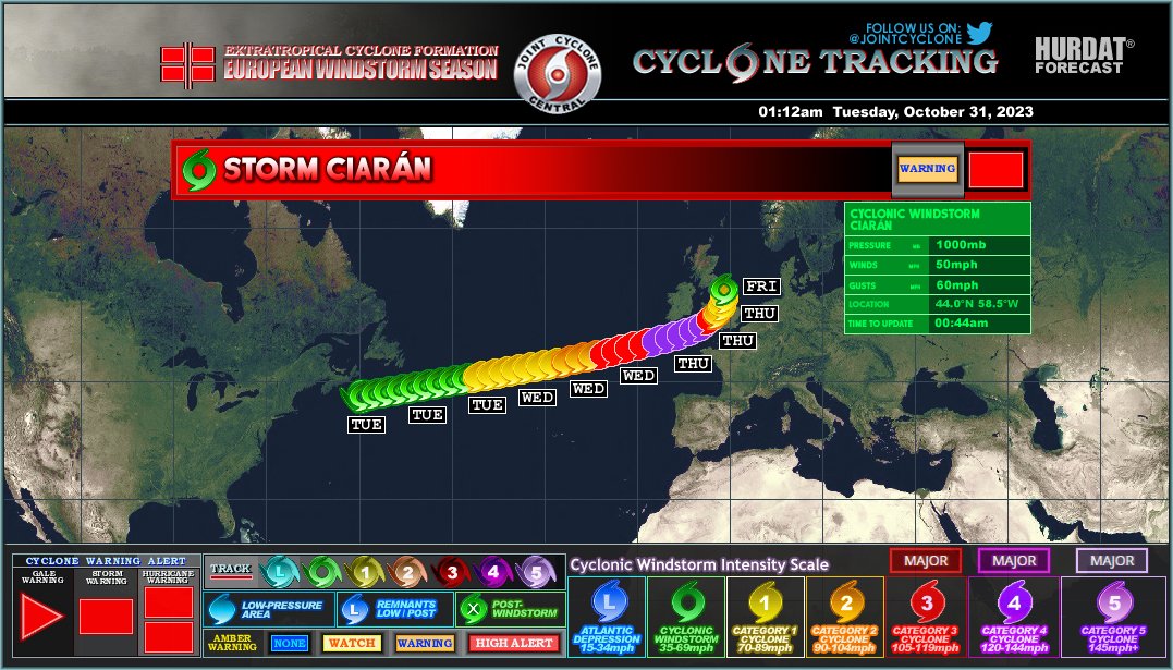 #StormCiarán Advisory 6
Max Winds: 50mph
CWSIS: WS
MSLP: 1000mb
#Ciarán moving northeastward. Very strong and potentially damaging winds are possible over the Southern Parts of the United Kingdom on Thursday. Keep an eye with very damaging winds...