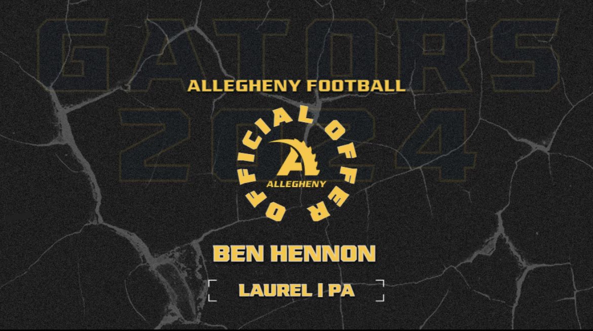 Ben Hennon (@benhennon) on Twitter photo After a great phone call with <a href="/Coach_Layer/">Braden Layer</a> I am excited to announce I have received an offer from <a href="/AlleghenyFB/">Allegheny Football</a> !!! #GoGators <a href="/LCSportsNet/">Lawrence County SportsNet</a> <a href="/PaFootballNews/">Pennsylvania Football News</a> After a great phone call with <a href="/Coach_Layer/">Braden Layer</a> I am excited to announce I have received an offer from <a href="/AlleghenyFB/">Allegheny Football</a> !!! #GoGators <a href="/LCSportsNet/">Lawrence County SportsNet</a> <a href="/PaFootballNews/">Pennsylvania Football News</a>