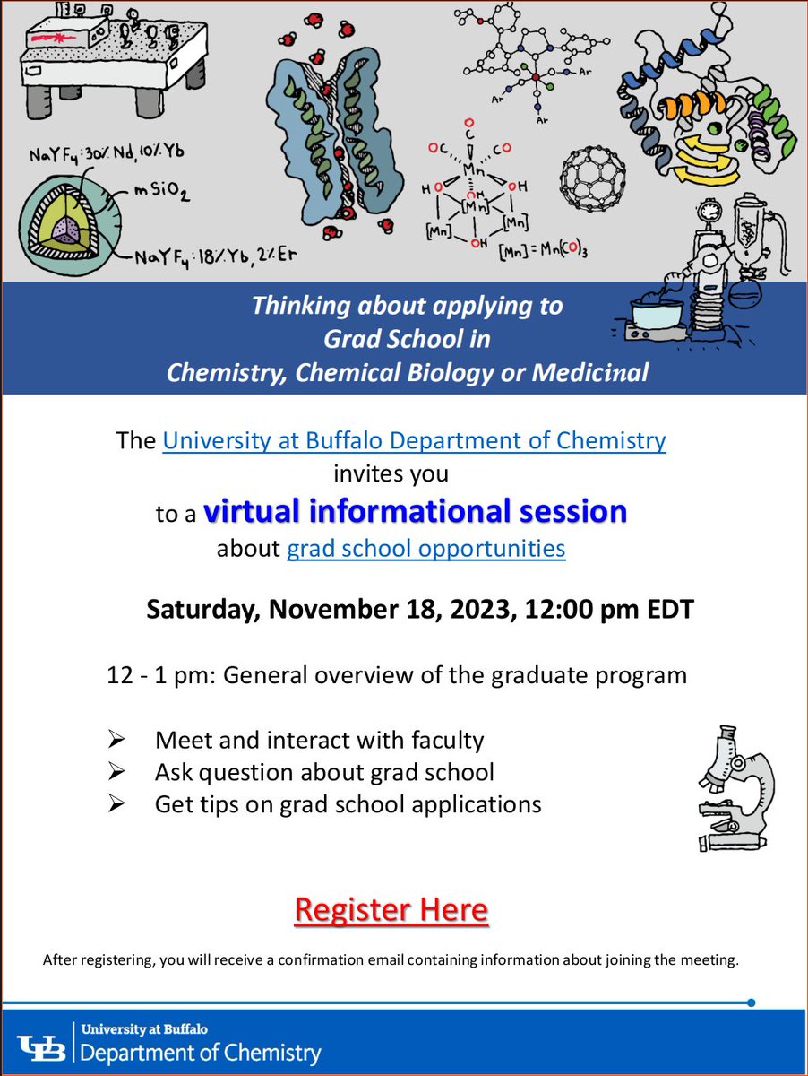 Interested in applying to #Chemistry grad study? Learn about what @UBChemistry can offer in a virtual informational session. Ask us anything (including how to make such a cool poster)! Free to join and everyone is welcome! Pls RT. Register link buffalo.zoom.us/meeting/regist…