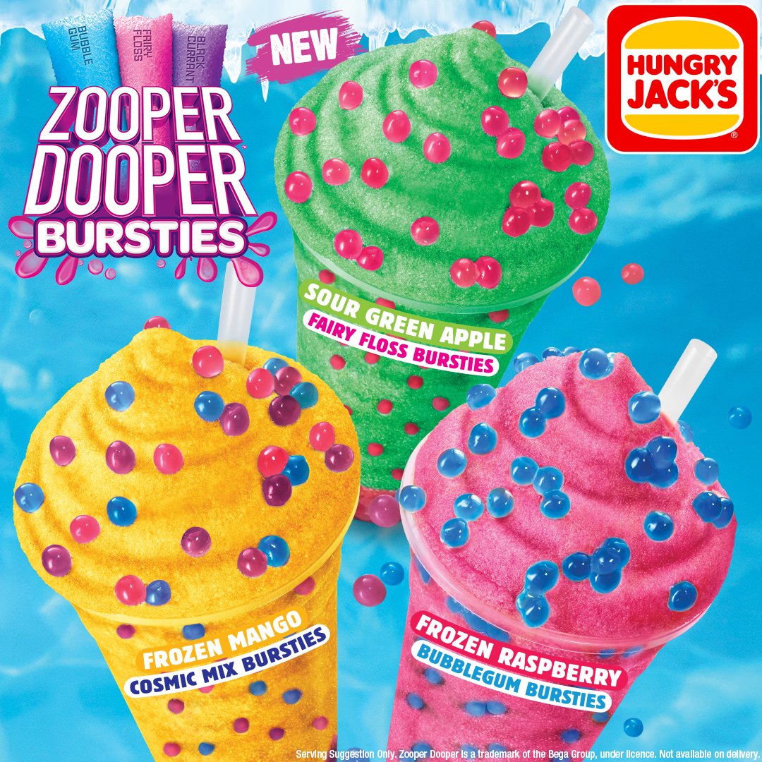 We're feeling rather ZOOPER DOOPER about our NEW Summer Collab... 🫢💥 Introducing NEW Zooper Dooper Bursties, only at Hungry Jack's! Iconic Zooper Dooper flavours like Fairy Floss, Blackcurrant, Bubblegum or Cosmic Mix, mixed with your fave HJ's Frozen Drink! ☀️