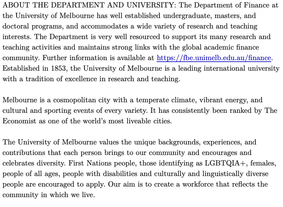 Hello Twitter, We're hiring an Associate Professor of Finance at the UoMelbourne. Join a collaborative faculty and enjoy perks like great coffee, an amazing restaurant scene, and koalas! 🐨☕ Submit your application to fbe-financerecruiting@unimelb.edu.au #EconTwitter