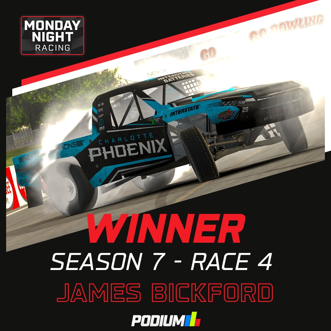 🏁🏁🏁 James Bickford takes the win at The Glen in @MonNightRacing Season 7, Race 4, the Highland Homes Roofing Challenge Post-race on twitch.tv/podiumesports #MNRSeason7 | @HighlandHomesFl | @Mach10_Digital