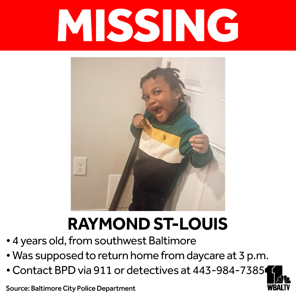 wbaltv11's tweet photo. MISSING CHILD: Baltimore police need your help finding 4-year-old Raymond St-Louis. He was supposed to be dropped off at daycare by a family friend Monday morning and returned home around 3 p.m., but he was not returned and his family is unable to contact the friend. https://t.co/xc149iFlbm