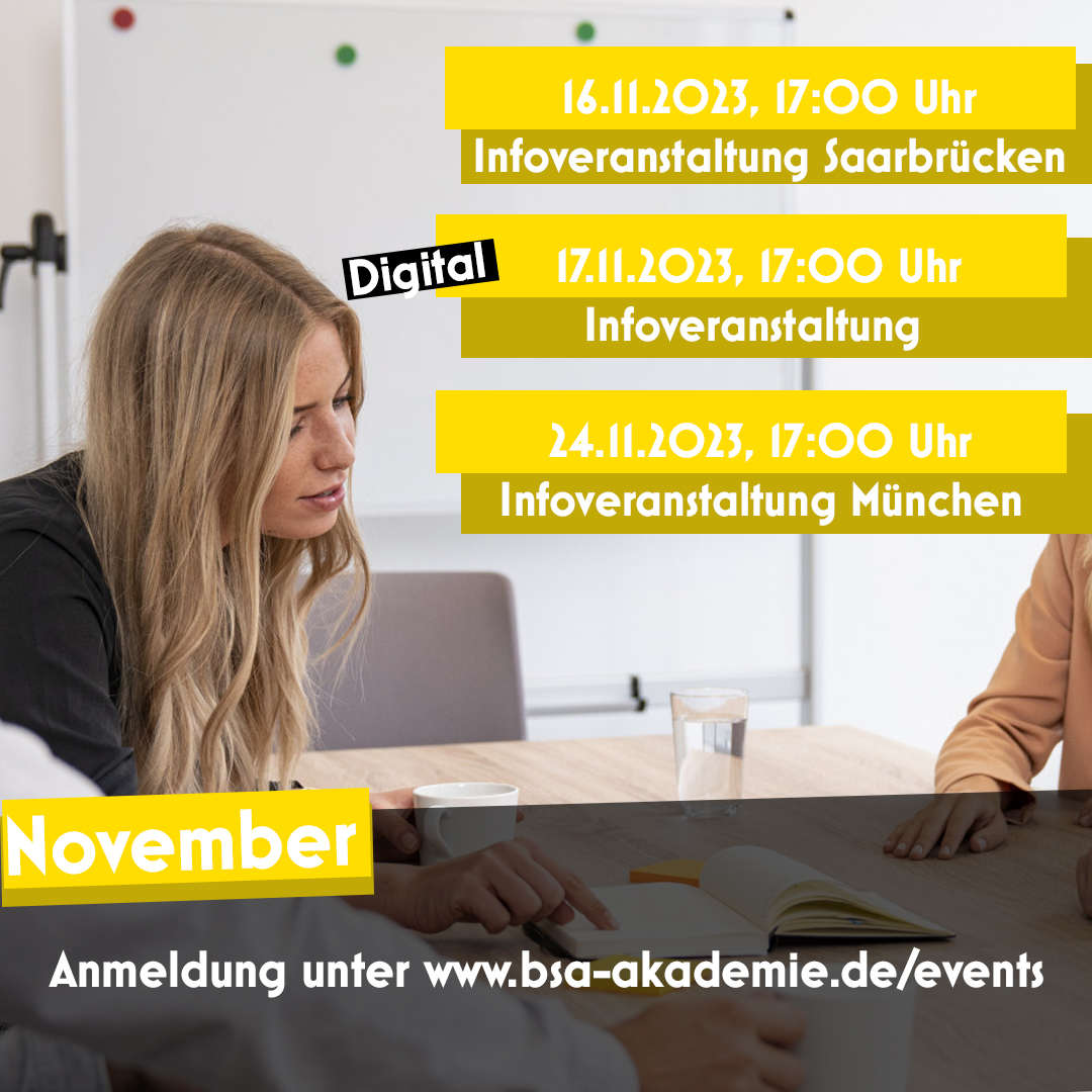 Infoveranstaltungen im #November 📅

Im Rahmen der Infoveranstaltungen besteht die Möglichkeit, sich einen ersten Eindruck der BSA-Akademie zu verschaffen und sich über unsere Qualifikationen zu informieren 📚🎓

bsa-akademie.de/events