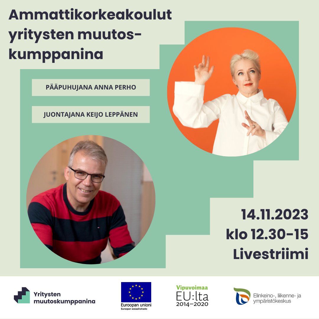 Nyt kesytetään muutosmöröstä kumppani! Karelia on osana 22 ammattikorkeakoulun verkostoa järjestämässä Ammattikorkeakoulut yritysten muutoskumppanina -verkkolähetystä tiistaina 14.11.2023 klo 12.30 - 15.00. Ilmoittaudu mukaan karelia.fi/2023/10/kareli…