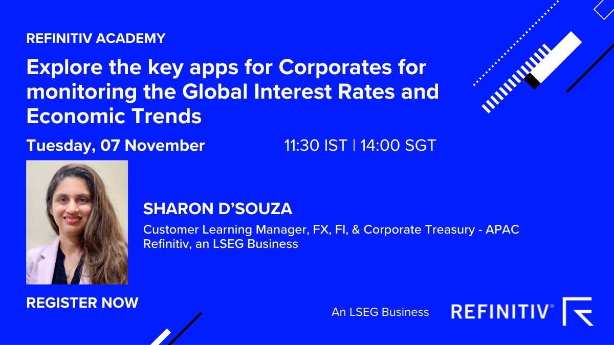 Join this #refinitivacademy session with Sharon D’Souza, CLM - FX/FI/Corporate Treasury - APAC, and gain useful insights on how Corporates can monitor global interest rate activity by leveraging the most popular apps available on LSEG Workspace: bit.ly/49dFX9h