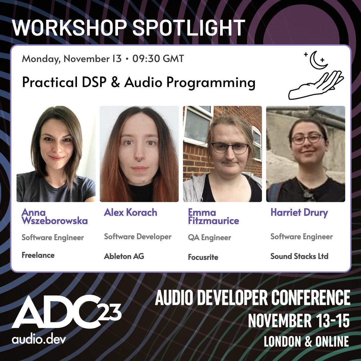audiodevcon's tweet image. #ADC23 Workshop: Practical #DSP &amp;amp; #Audio Programming

This self-contained workshop aims to be accessible to all levels of learning. The workshop is available to both in-person &amp;amp; online conference attendees.

👉 audio.dev

#developer #programming #programmer #coding