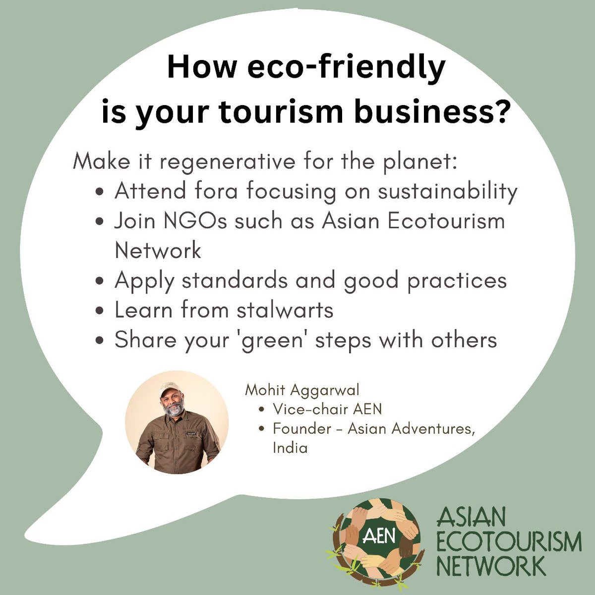 How eco-friendly is your tourism business?

Make it regenerative for the planet:
- Attend fora focusing on sustainability
- Join NGOs such as Asian Ecotourism Network
- Apply standards and good practices
- Learn from stalwarts
- Share your 'green' steps with others