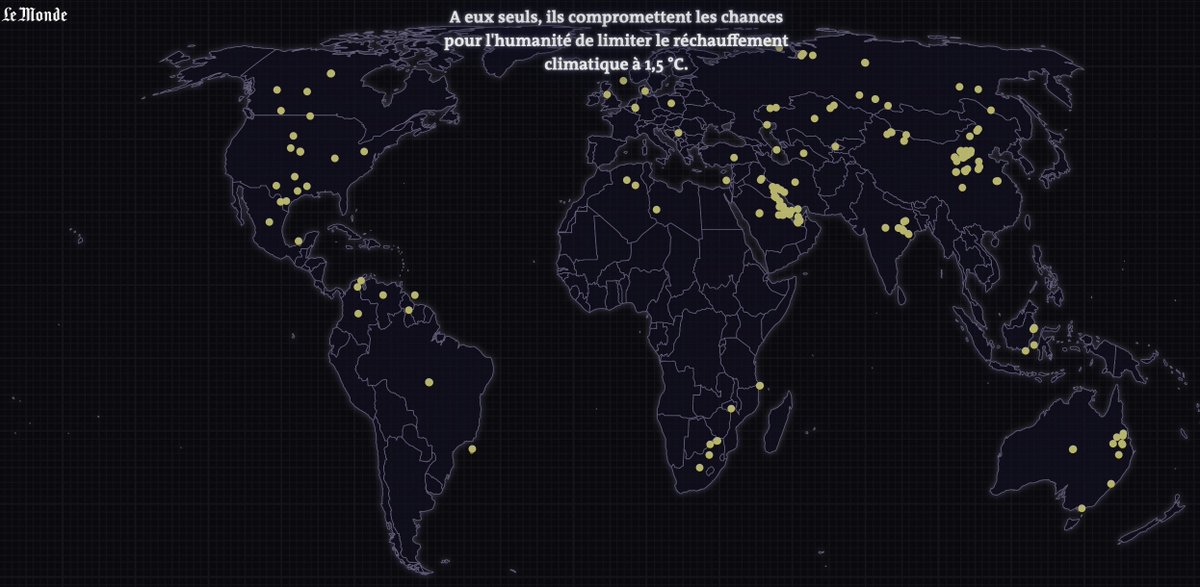 Beeindruckende Arbeit von @lemondefr über die so genannten Carbon-Bomben, wer sie finanziert und fördert: laufende Gas-Kohle-und Öl-Projekte auf der Erde, die es unmöglich machen, Klimaziele zu erreichen. Zu erkennen auch: Die RWE-Tagebaue in Deutschland lemonde.fr/les-decodeurs/…