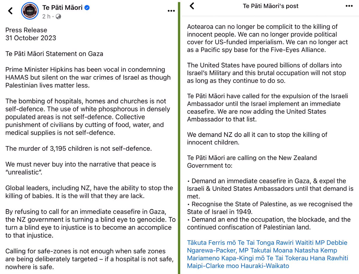 Ngā mihi <a href="/Maori_Party/">Te Pāti Māori</a> 

Most principled position of a NZ political party on the genocide in Gaza. Calling it what it is.

- immediate ceasefire
- expulsion of Israeli &amp; US ambassadors
- end of occupation, blockade &amp; land confiscation