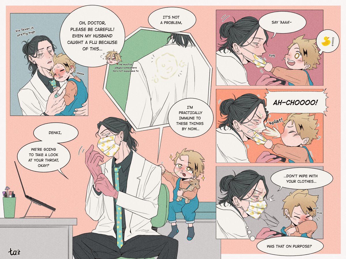 taz_ngg's tweet photo. lil Denki caught a flu🤧🤒 mr dr pediatrician aizawa to the rescue!✨🥼

(+ someerasercloudstuffyourewelcomebye) https://t.co/YNQ6YrWYDs