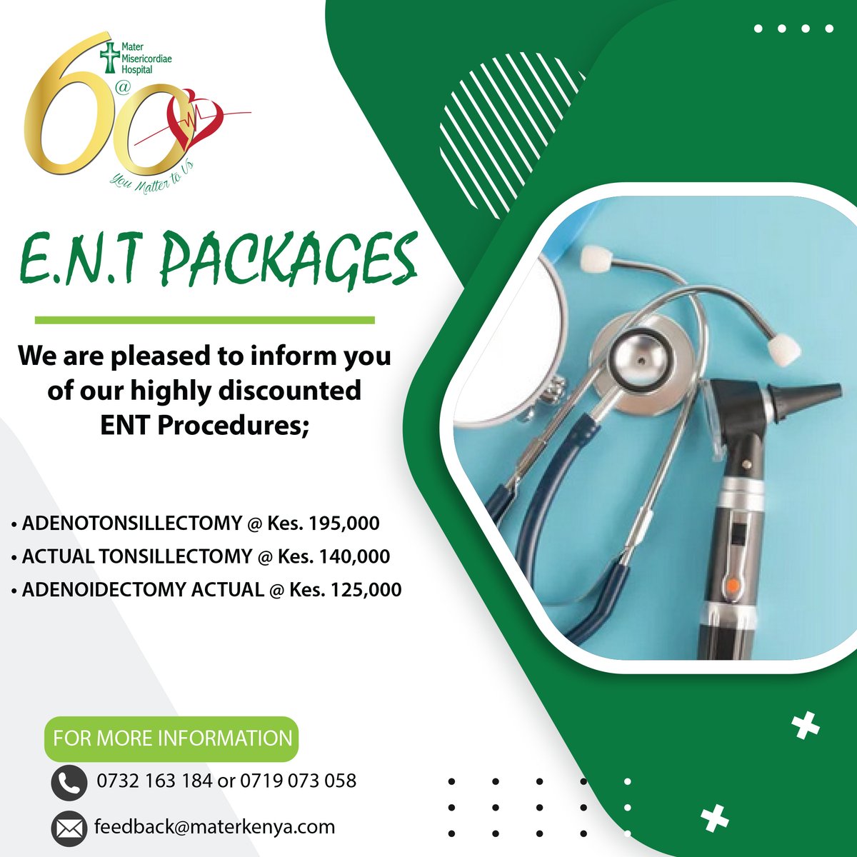 ENT specialists are experts in both medical and surgical management of conditions of the Ear, Nose, Throat and ENT-related conditions of the head and neck. We offer a wide range of ENT procedures at an affordable fee. See poster for details.
