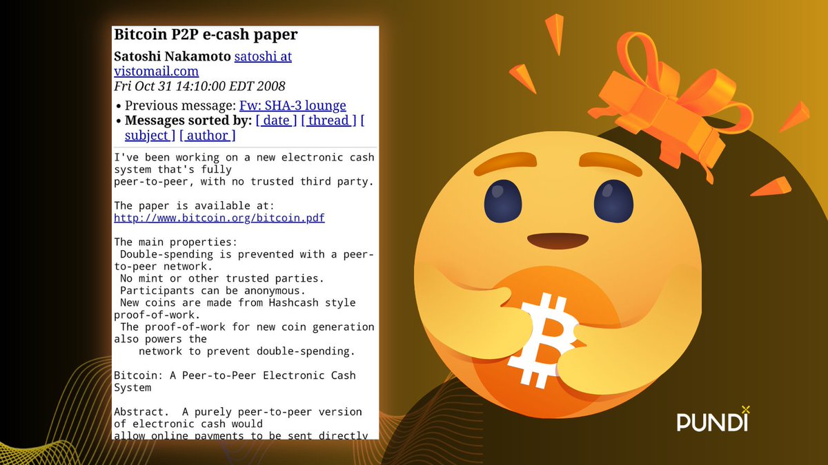 🎉 ₿itcoin white paper turns 15!

✅️On Oct 31st, 2008, Satoshi published the #Bitcoin paper!

🔥To celebrate, we are giving away 10,000 Bitcoin Sats to 1 lucky winner in 48 hours

To enter: 
1️⃣ Follow <a href="/PundiXLabs/">Pundi X Labs</a> 
2️⃣ Like
3️⃣ Repost
4️⃣ Comment #PundiX &amp; tag 1 friend

#Giveaway