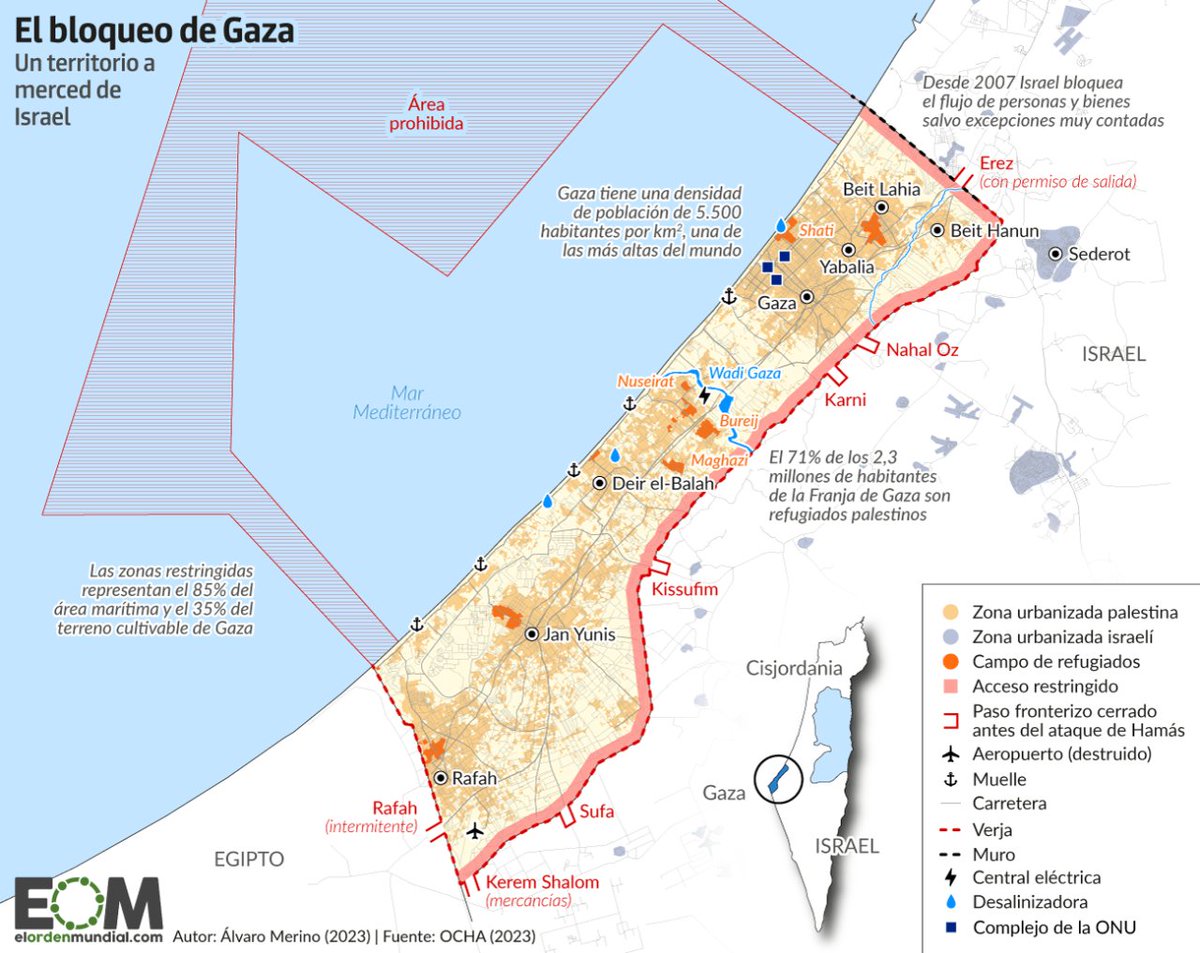 elOrdenMundial's tweet image. 🇵🇸 Este es el mapa del bloqueo israelí a Gaza 🇵🇸

El territorio palestino sufre un bloqueo por tierra, mar y aire desde 2007.

El 81% de la población es pobre.

Así se ve sobre el mapa 👇