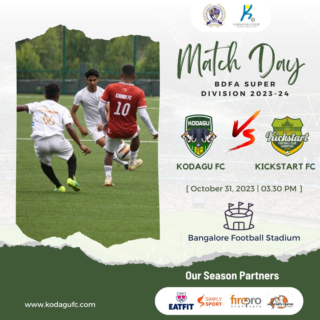 🔥 It’s game day! 🔥

Today is game day for <a href="/KodaguFC/">Kodagu FC</a>, and we're all set to showcase our best on the field. We invite you to be a part of this thrilling event at the Bangalore Football Stadium, kicking off at 3:30 PM. Let's come together to cheer for our team! 🏟️⚽

#KodaguFC