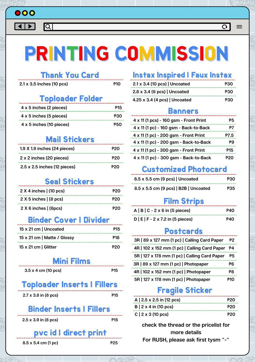 . . . wts lfb lf | ph

ꔫ printing service | commission  

| mail/seal/fragile stickers, thank you card, toploader folder, binder cover, instax, custom photocard, photostrip, toploader/binder inserts, banners, postcard, custom prints |

- for rush dm
- dm for more
- open for all