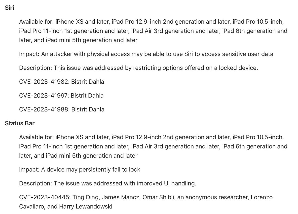 The first set of four new #iOS 17 lock screen bypass vulnerabilities has been released by <a href="/Apple/">Apple</a> in iOS 17.1, due to Siri &amp; Status Bar (#LSBVH); some apply to iOS 16.7.2 too:

blog.dinosec.com/2014/09/bypass…

😎📱