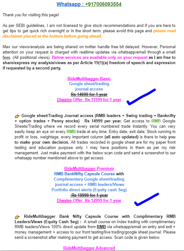 RideMultibagger's tweet photo. #DIWALEE offer : Offer ends 12 Nov 2023 Midnight
Please read our disclaimer twice before making payment. details in below link
https://t.co/HScfEqcUEU
#Diwali2023 #RMB https://t.co/43QMsFT66B
