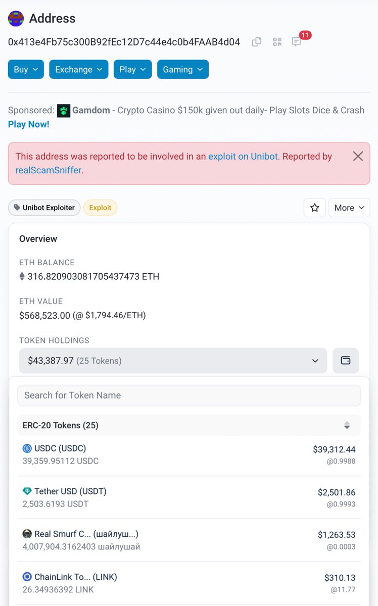 gem_detecter's tweet photo. $UNIBOT got hacked, remove your fund asap! Hacker will sell all bags soon I guess

Adr: 0x413e4fb75c300b92fec12d7c44e4c0b4faab4d04

Assets hacked ( Unknown amount):
#RealSmurfCat
$TOONS
$ETF
$HOLD
$GNOME
$JOE
$MSTR
#Oolong
$JG
$FUNDED https://t.co/zhrZPidizR