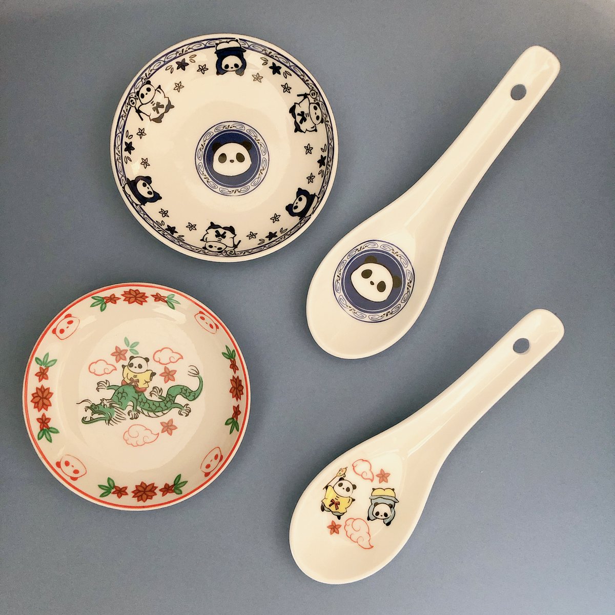 可愛いパンダの小皿＆レンゲ♡ □唐子パンダシリーズ ・プレートS青