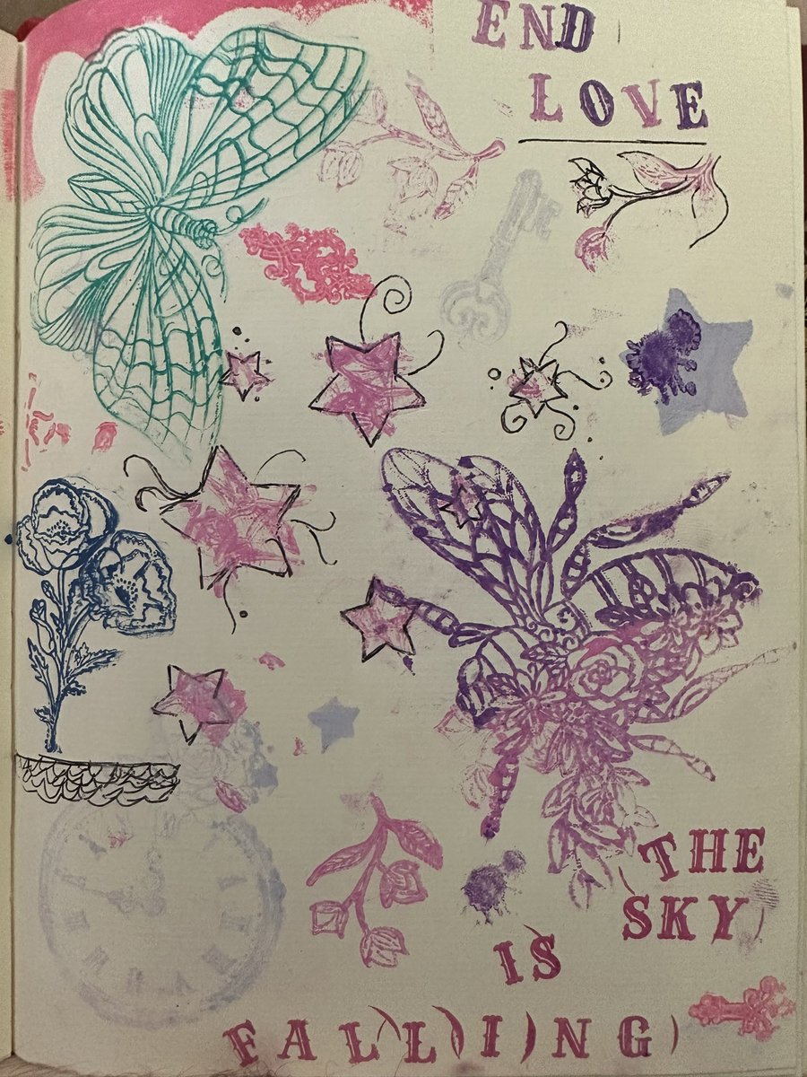 jackofartforms's tweet photo. Last day of #Inktober 2023. Mostly inked stamps but a little pen too ✨
words are lyrics from End Love by OK GO
#inktober2023 #inktoberchallenge #bee #stamp #stamps #ink #inks #inked #inkstamp #penandink #bees #butterfly #butterflies #okgo #lyrics #words #sketchbookart #art https://t.co/4fjMHkPXPc
