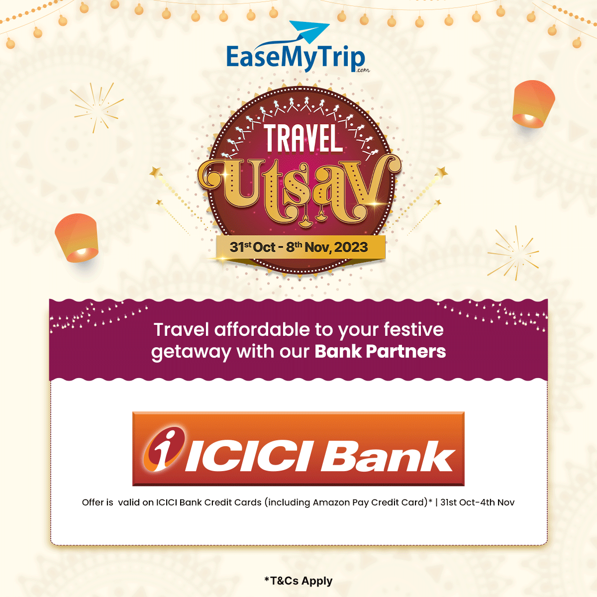 EaseMyTrip's tweet photo. Begin your journey with extra savings with our trusted bank partners.
#diwalisale #travelutsav #bankpartners #affordabletravel #easemytrip https://t.co/eIL9IVueyj