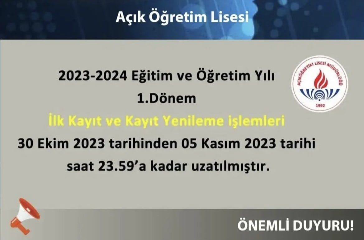 2023/1. dönem sınavları için ilk kayıt ve kayıt yenileme işlemleri için banka hesapları 30 Ekim 2023 tarihinden 05 Kasım 2023 tarihine kadar açık kalacaktır. .