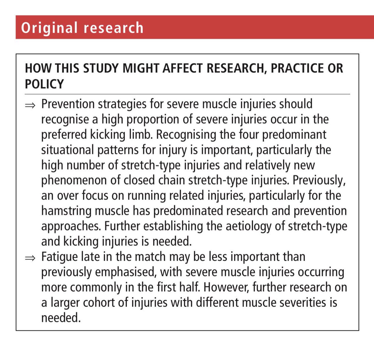 Isokinetic Conference (@footballmed) on Twitter photo Results of our latest video analysis study on Football Muscle Injuries just published on <a href="/BJSM_BMJ/">British Journal of Sports Medicine (BJSM)</a>
- 103 severe muscle injuries
- 83% non contact
- 4 main patterns
- Role of CKC Stretching
- 1st 45’
👉🏻 bjsm.bmj.com/content/early/…
<a href="/FDellaVilla/">Francesco Della Villa MD</a> <a href="/m_buckthorpe/">Matt Buckthorpe</a> Results of our latest video analysis study on Football Muscle Injuries just published on <a href="/BJSM_BMJ/">British Journal of Sports Medicine (BJSM)</a>
- 103 severe muscle injuries
- 83% non contact
- 4 main patterns
- Role of CKC Stretching
- 1st 45’
👉🏻 bjsm.bmj.com/content/early/…
<a href="/FDellaVilla/">Francesco Della Villa MD</a> <a href="/m_buckthorpe/">Matt Buckthorpe</a>